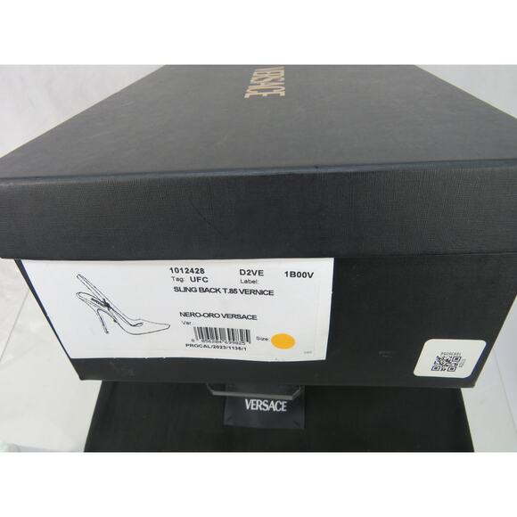 NIB VERSACE BLACK PATENT LEATHER GOLD MEDUSA SANDALS 85 MM HEEL PUMPS 37 7 ITALY - Picture 12 of 12